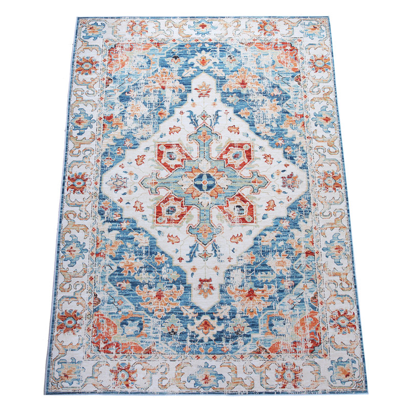 Modern Distressed Heriz Machine Washable Area Rug with Built-in Padding and Non-Slip Backing, Rectangle 4' x 6'