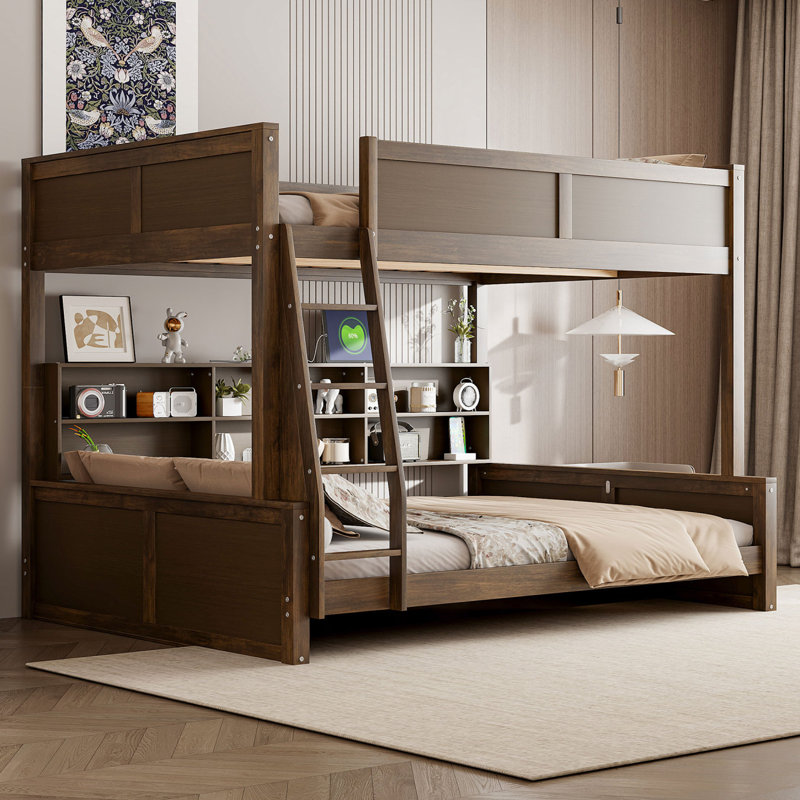 Lit superposé avec armoires de rangement et ports USB, Bois