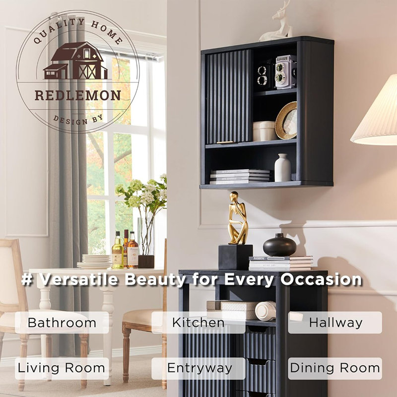 Armoire de salle de bain murale avec porte coulissante cannelée, armoire à pharmacie moderne avec plateau en faux marbre et tablette réglable, organisateur de rangement mural à profil incurvé