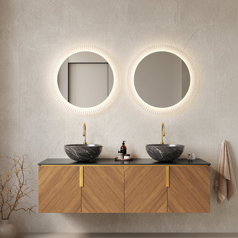 60" Bathroom Vanity & Sinks, Floating Plywood Bathroom Storage Cabinet With 4 Doors, 2 Black Bowl Ceramic Basin With Stone Pattern And Black Sintered Stone Countertop, Espresso Woodgrain Color