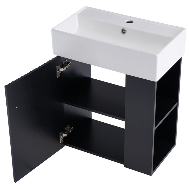 Meuble-lavabo moderne avec lavabo en céramique et porte à motif de vagues, Noir, noir, noir, noir