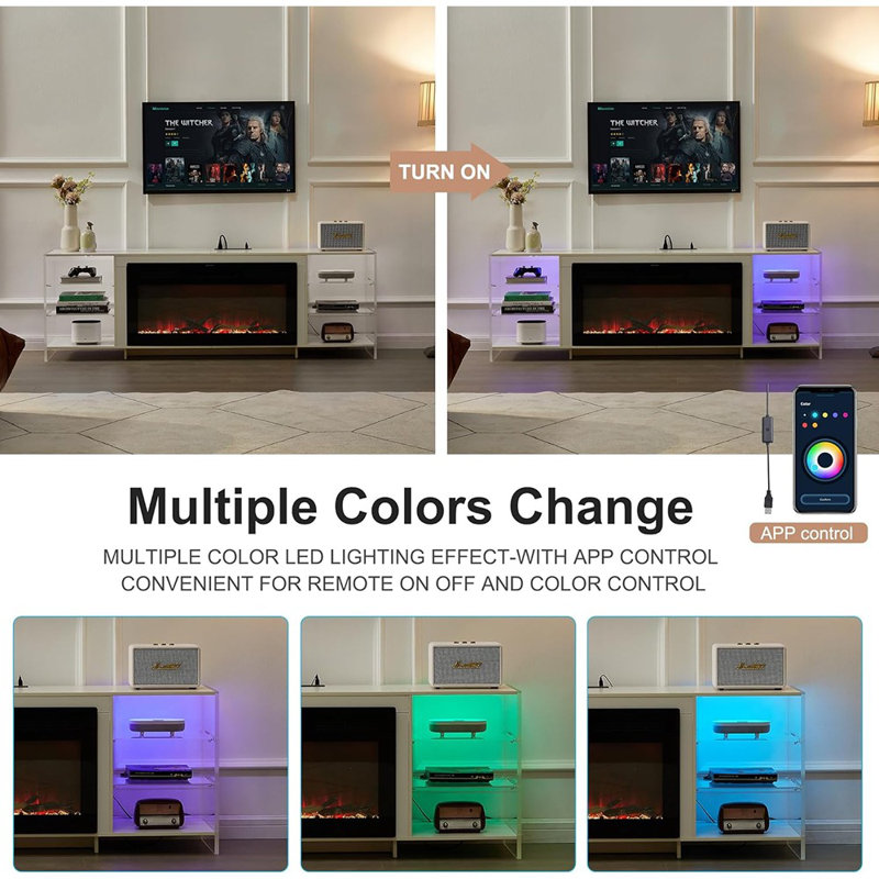 Meuble télé Modern Fireplace, blanc - flamme 3D avec 13 couleurs, lumières DEL et rangement à 3 niveaux pour téléviseurs de 75 po ou moins
