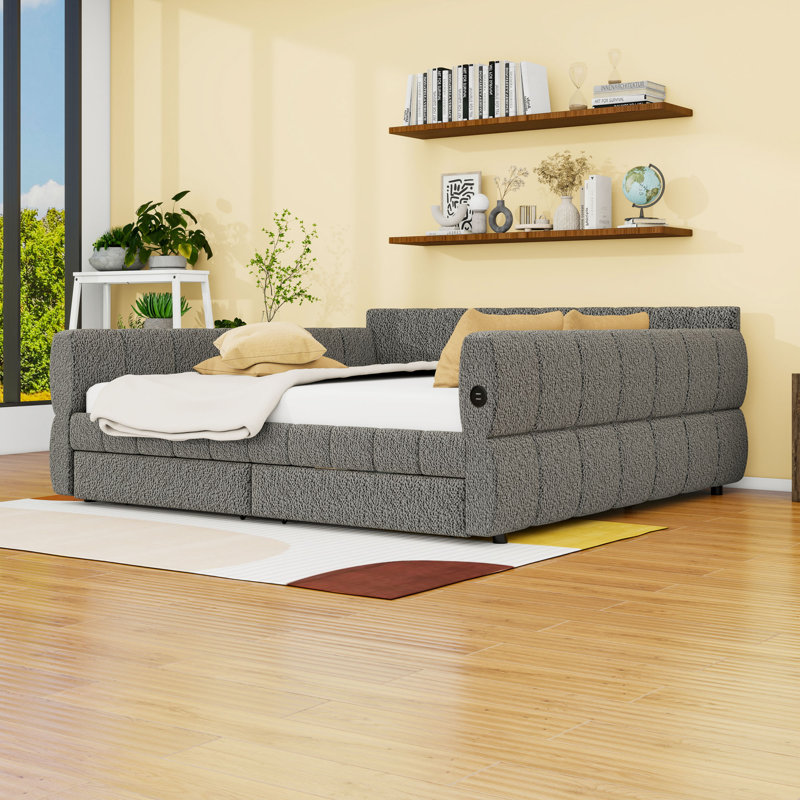 2 Drawers King Upholstered Platform Bed with USB Charging Ports and Center Legs, Gray