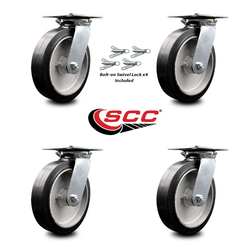 8 Inch Rubber on Aluminum Caster Set with Ball Bearings and Swivel Locks SCC