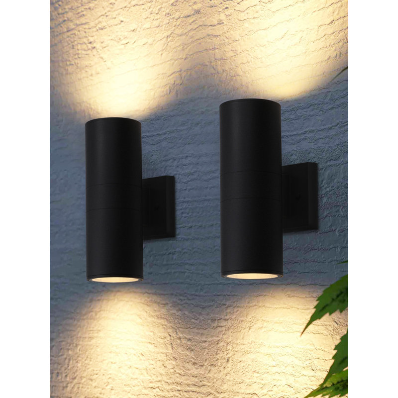 Applique murale d'extérieur avec bras, applique murale cylindrique vers le bas, lanterne murale à 2 ampoules, douille E26, noir