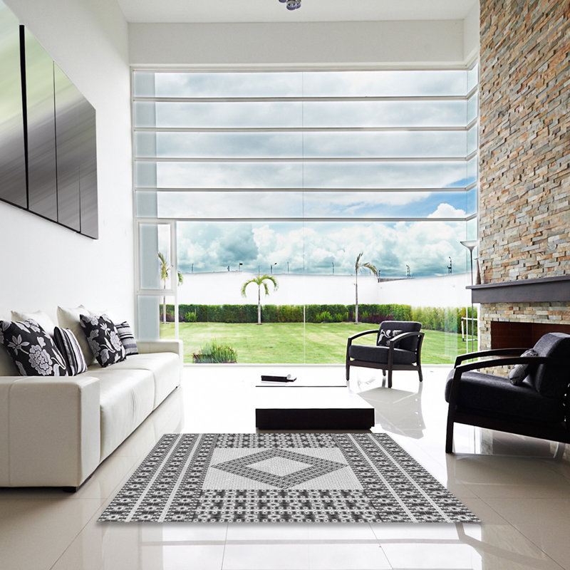 Tapis noir/blanc cassé tissé à la machine, Carré 5 pi