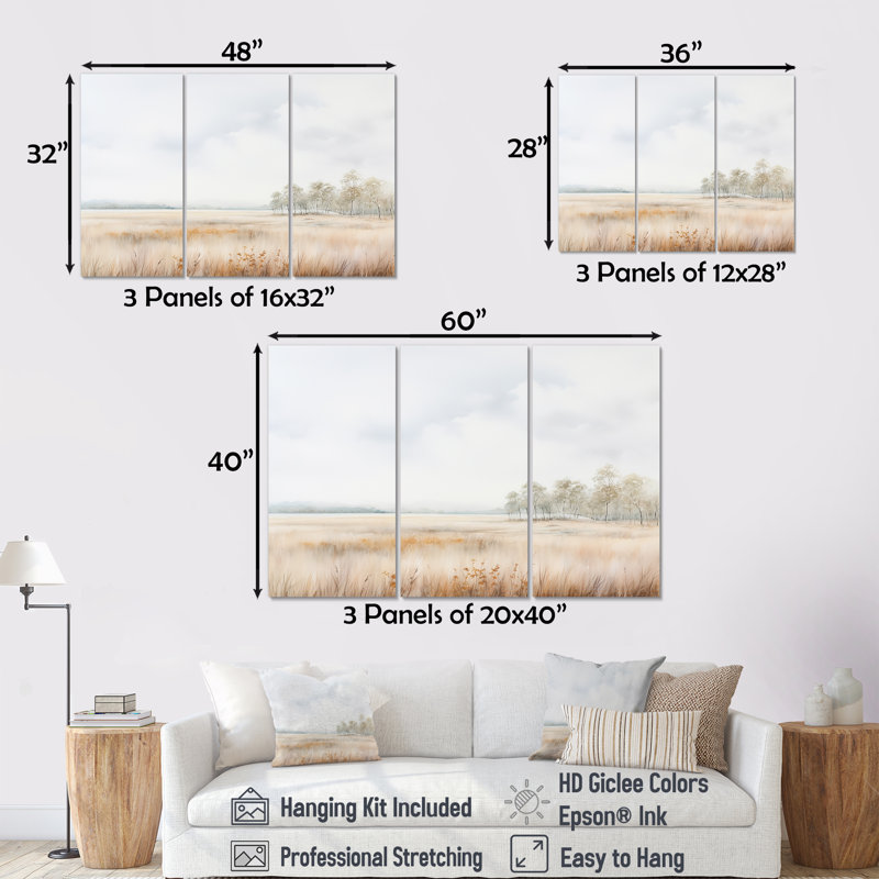 «Meadow Scenery Minimalisme», ensemble d'art mural prairie, H 28 po x l 36 po x P 1 po, Toile tendue