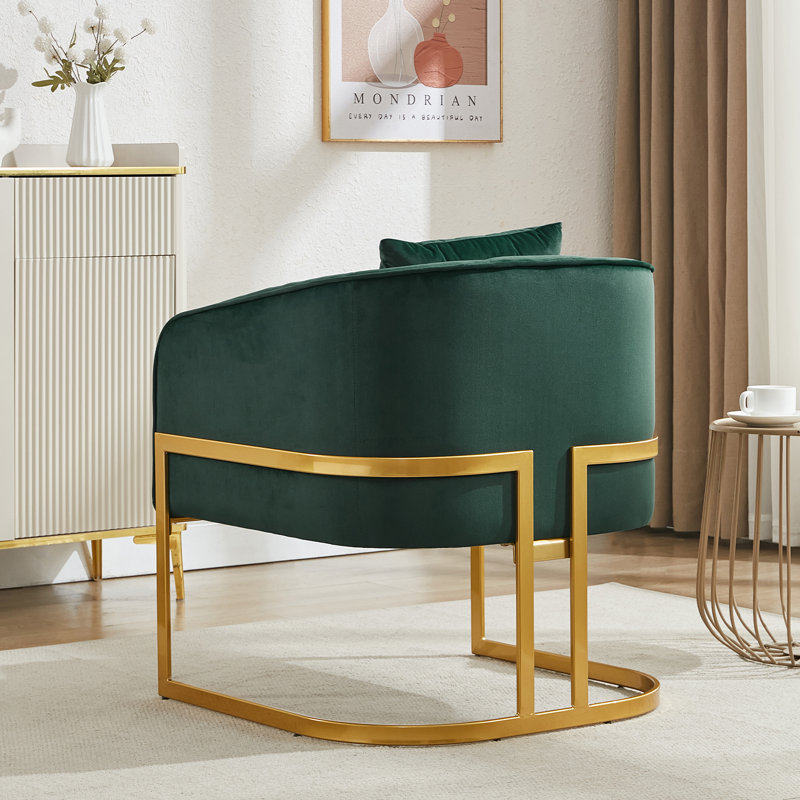 Upholstered Barrel Chair With Metal Base, Green