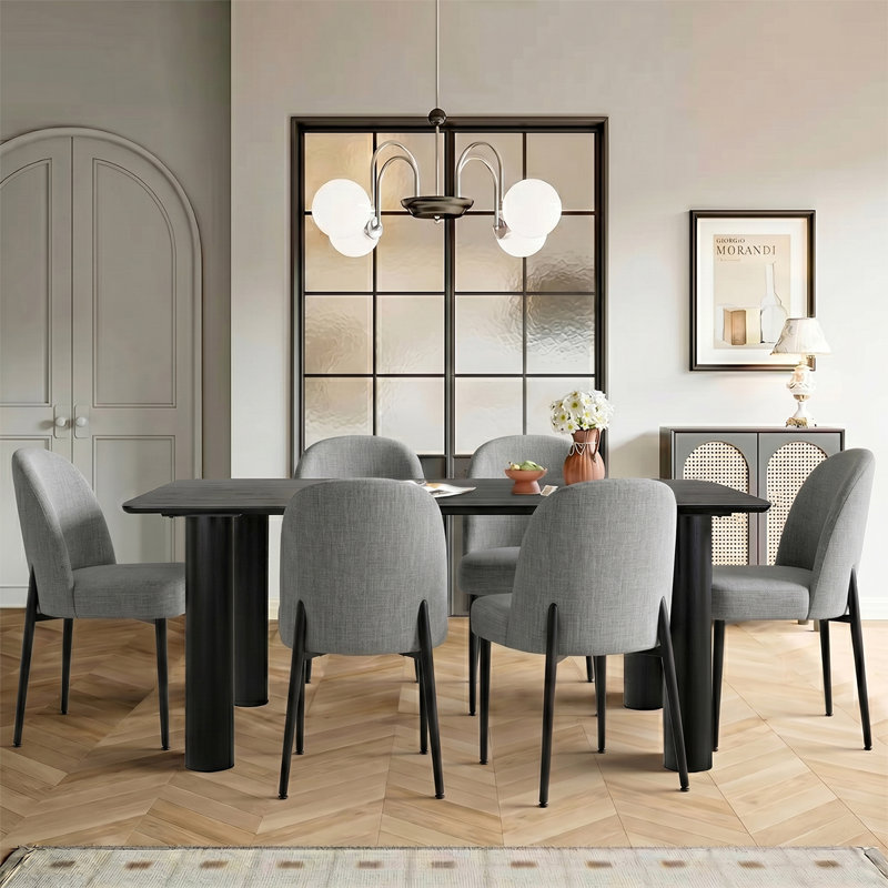 7-Piece Modern Dining Table Set With Upholstered Chairs With Metal Legs, Gray