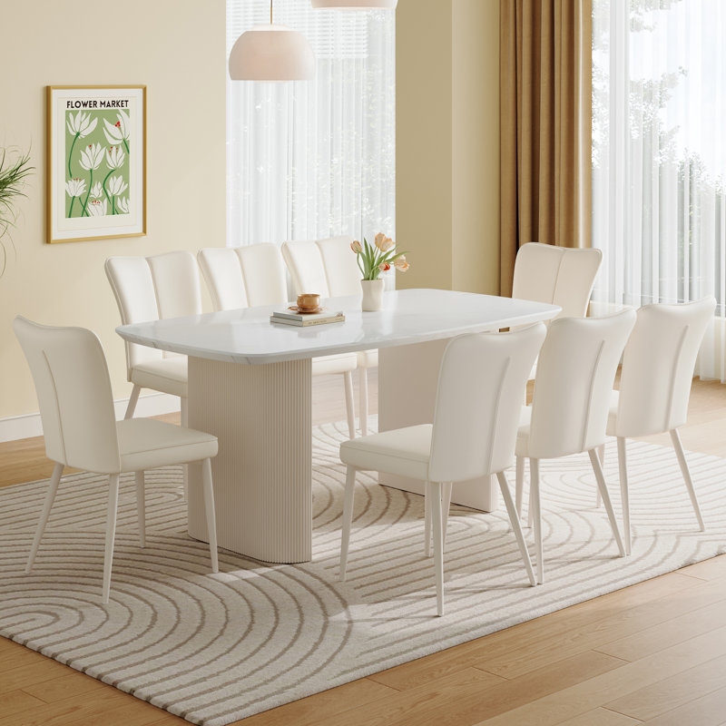 Rectangle Marble Top Double Pedestal Dining Table Set, 9