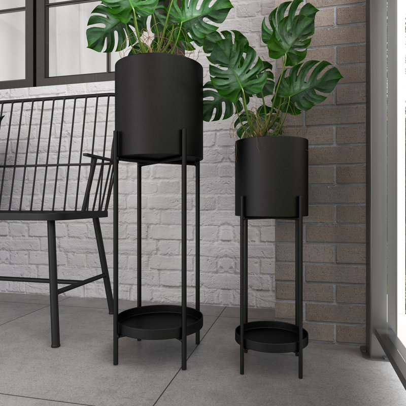 Ensemble de jardinières d'intérieur en métal 2 pièces avec tablette inférieure et support amovible Marlee