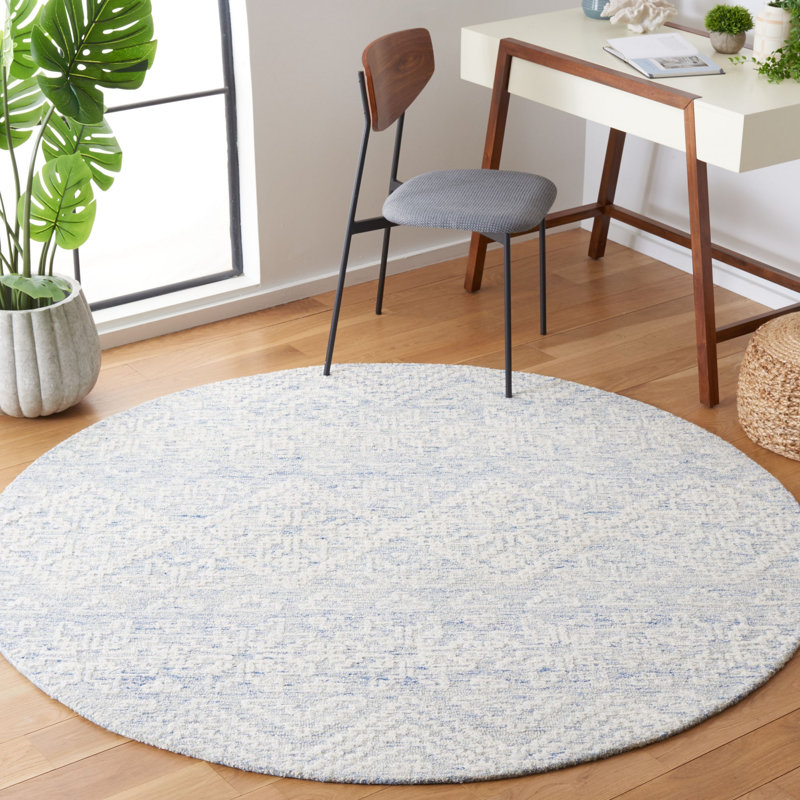 Bathsheb Hand Tufted Wool/Cotton with Cotton Backing Geometric Rug in Blue/Ivory, Round 6'