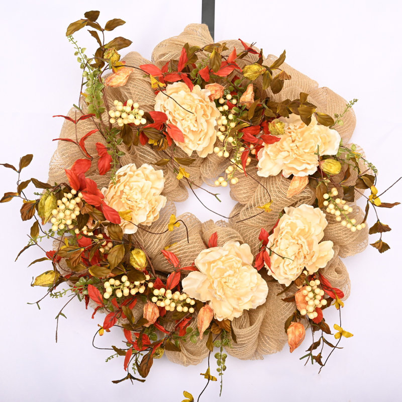 Couronne de pivoines 26 po Faux Thanksgiving, Beige