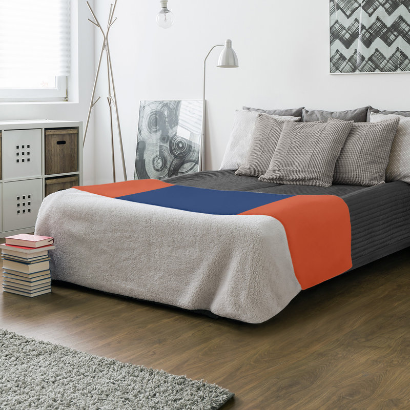 Quilted Throw Blanket, 50" x 60", Navy Blue/Orange/Navy Blue, Coral Fleece