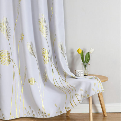 Greyish White Thermal Insulted Curtains 96 Inches Long Room Darkening Light Filtering Window Curtains With Gold Palm Leaf And Wheat Pattern For Bedroom, 52Wx96l, 2 Drapes