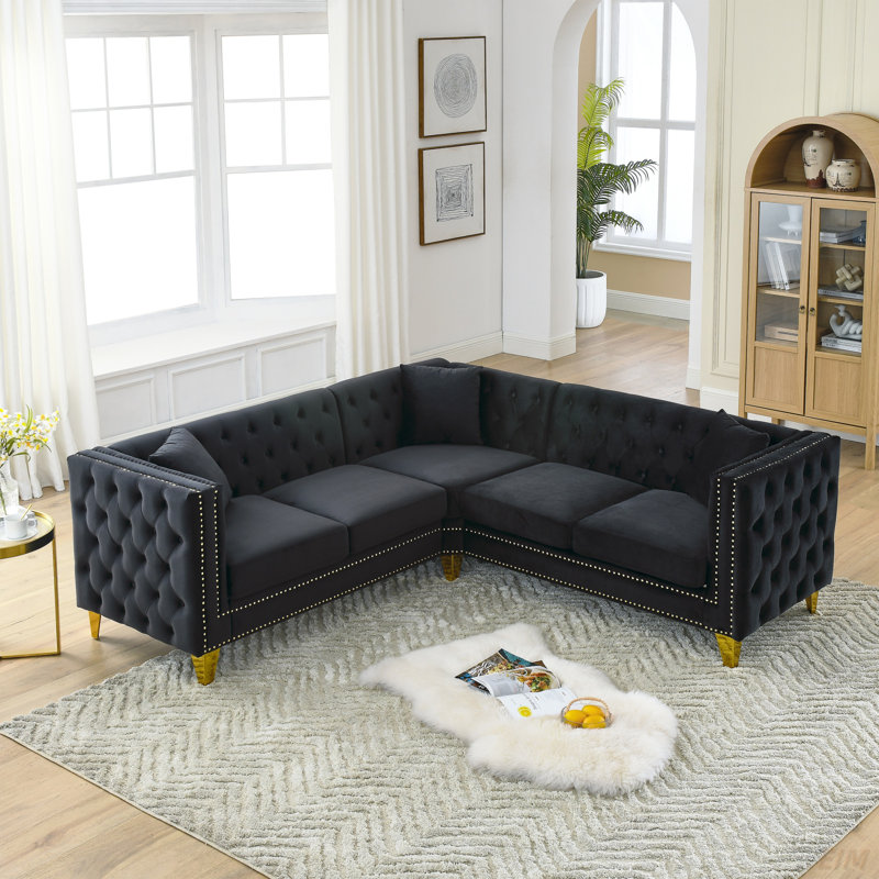 Canapé modulaire en L avec coussins Stoughton, Velours noir