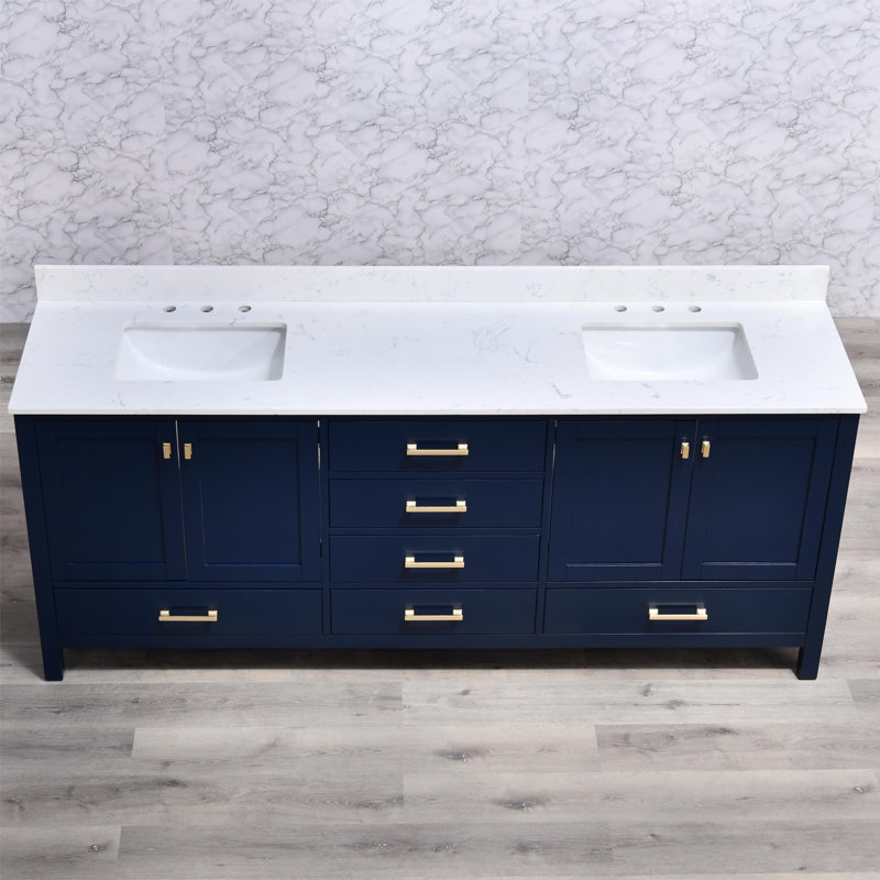Meuble-lavabo 84 po avec double vasque Cholena, Bleu, Or brossé