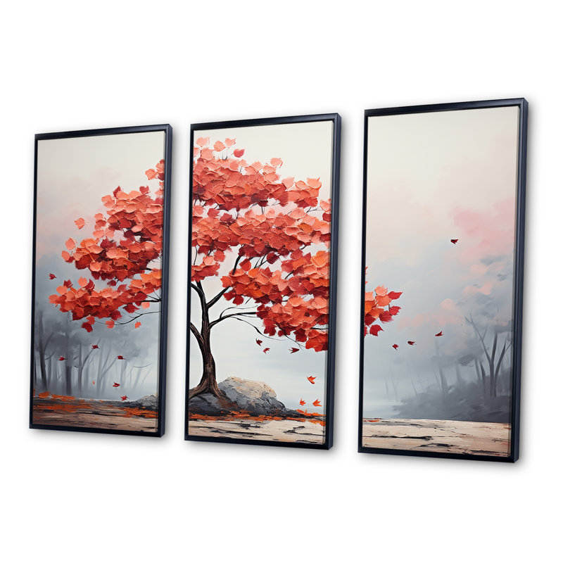 Fiery Red Maple Tree - ensemble d'œuvres d'art mural érable, H 28 po x l 36 po x P 1 po, Cadre flottant noir