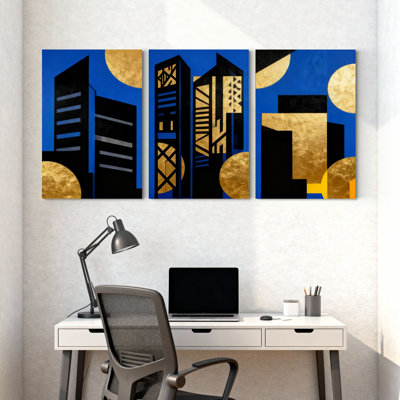 Abstract Blue Sky Golden Moon Black Buildings Abstract Pattern Set of 3 Canvas Wall Art Prints