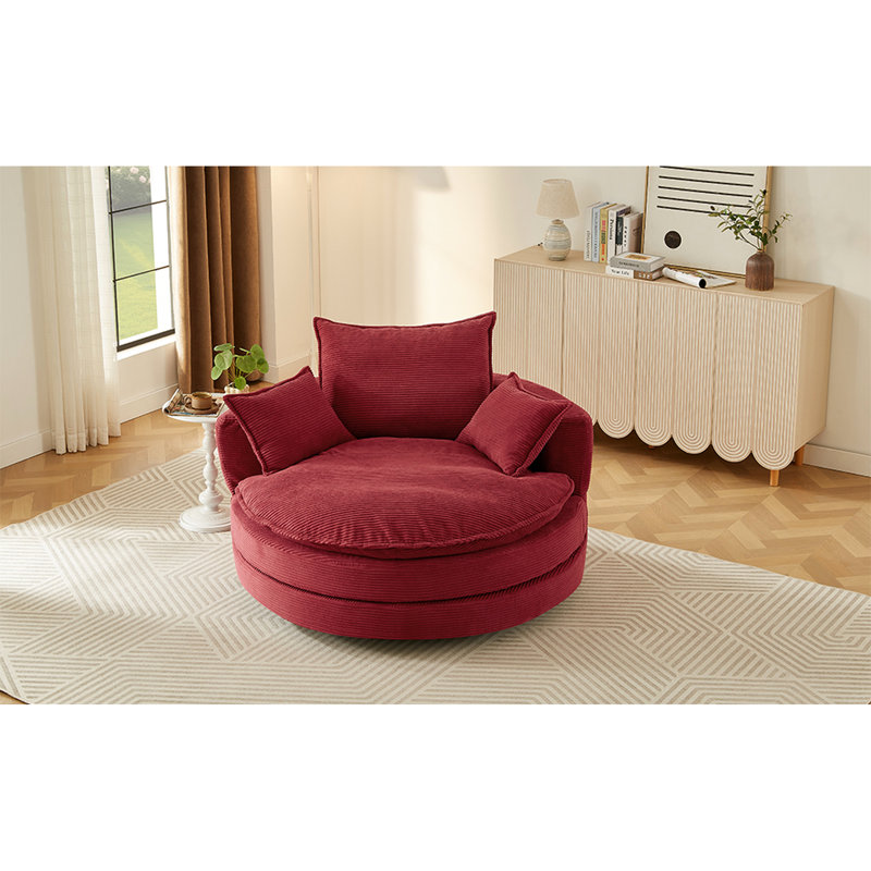 Fauteuil de salon rond pivotant à 360° rouge avec coussin double couche, oreiller de soutien, mécanisme silencieux, tissu velours côtelé pour faire la sieste au bureau, profondeur d'assise de 96,5 cm, design du coussin, 3 oreillers amovibles.