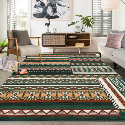 Vintage Patchwork Rug Washable Grey Runners Hallway Non Slip Geometric Carpet Stain Resistant Tribal Soft Mat Low Pile Foldable