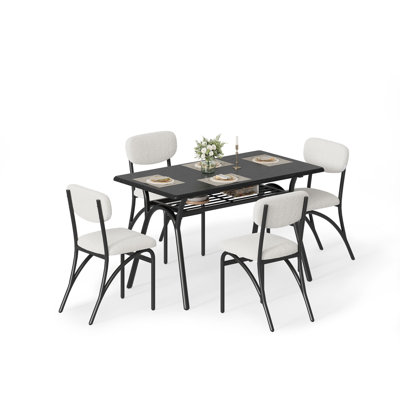 Modern 5-Piece Dining Table Set – Rectangular Marble Tabletop with Storage Shelf