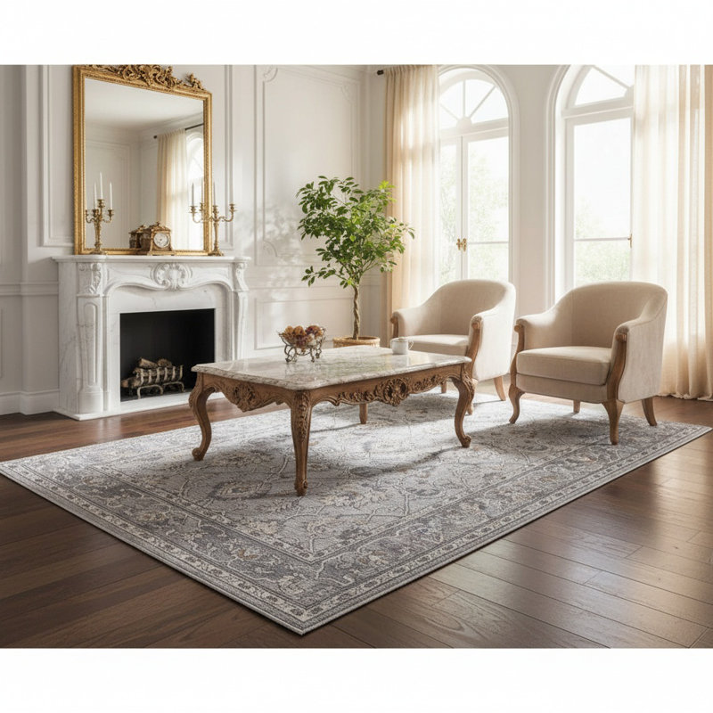 MARFI Collection Ivory / Grey Oriental Runner Rug, Rectangle 6'7" x 7'9"