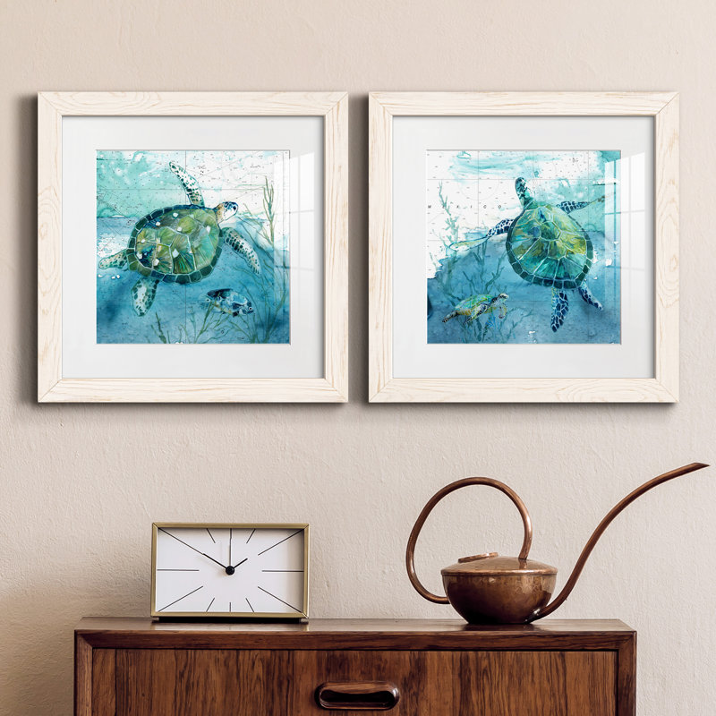 «Island Swim I», ensemble de 2 peintures, H 24 po x l 48 po, Papier dans un cadre photo, Blanc