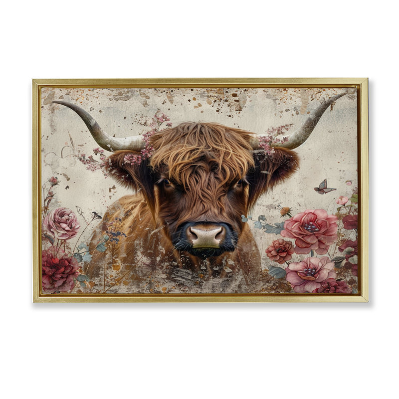  Toile flottante encadrée «Highland Cow in Spring» par LSR Design Studio, H 17 po x l 25 po, Cadre flottant métallique doré