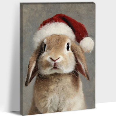 Art mural de lapin de Noël - décoration murale de lapin festif au chapeau du Père Noël, impressions de Noël rétro pour le salon, reproduction d'art sur toile encadrée en pin, 12 po x 16 po