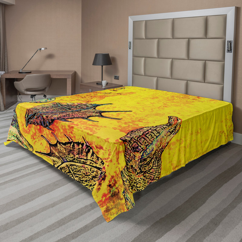 Ambesonne Ocean Top Flat Sheet Seashells Animal Grunge Calking Yellow Teal, Drap plat grand