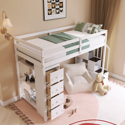 Wood Frame Twin Loft Bed With Storage Drawers And Stairs