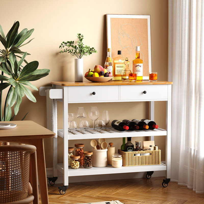 Kyong 3-Tier Bar Car with 2 drawers and casters, White