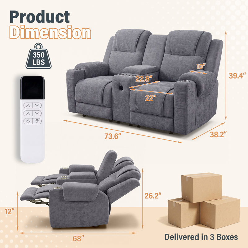 Canapé inclinable l 73,6 po pour salon, Causeuse, Gris