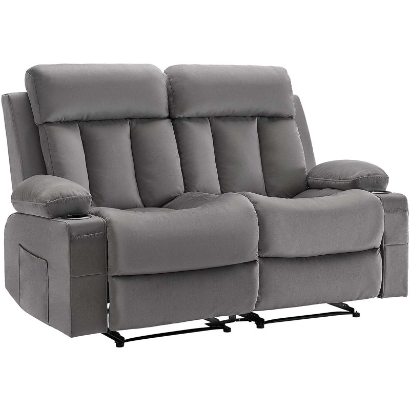 Loveseat Recliner Sofa, Power Reclining Couch with Heating and Massage, Soft Velvet Electric Recliner Sofa with USB Ports, Cup Holders and Side Bags, Dual Loveseat Chair for Living Room, Grey