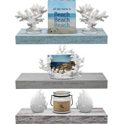 Sorbus 16" Long Floating Shelves with Invisible Mounting - Set of 3, Blue/Grey/White