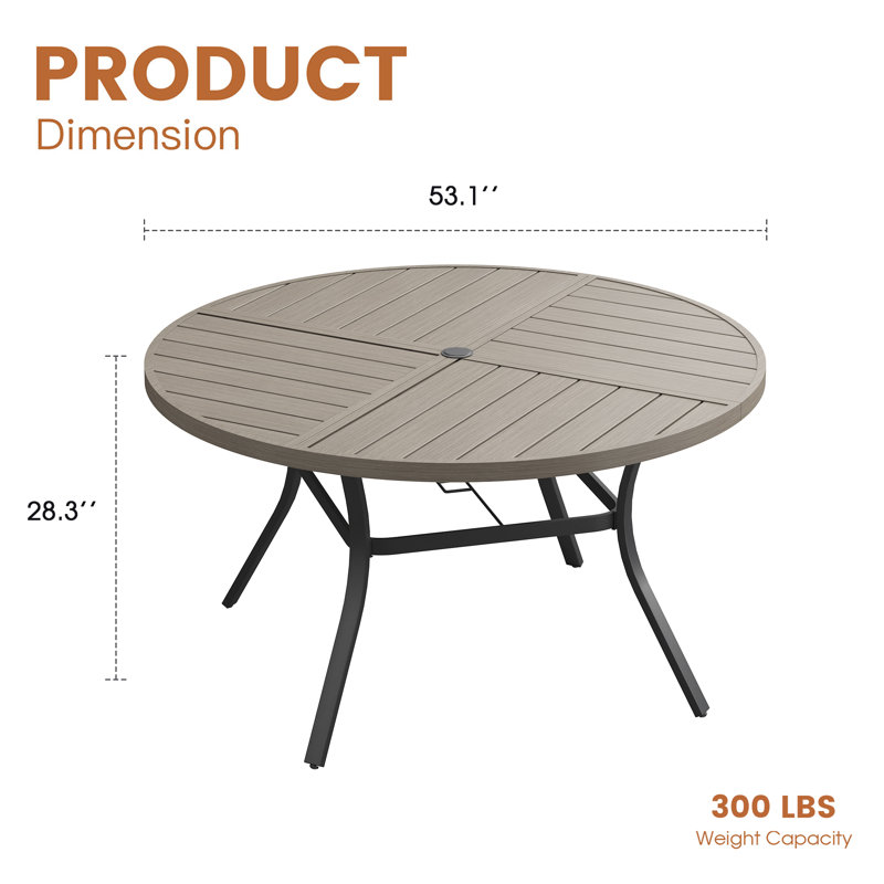 53" Patio Metal Round Dining Table, Brush Wood Gray