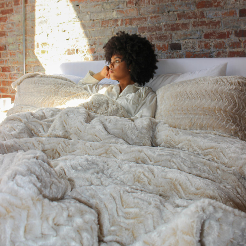 Queen Frosted Taupe Plush Chevron Comforter Set