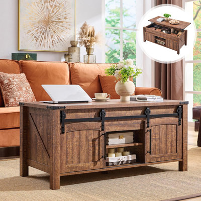 Lift Top Coffee Table with Sliding Door, 48"" Large Rustic Center Table with Hidden Storage Compartment, Lifting Tabletop, Adjustable Shelf for Living -  Rosalind Wheeler, CC5D4DFB765A4C739A3B539171E62644