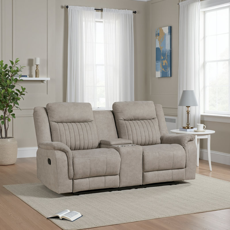 Cloran 75" Modern & Contemporary Polished Microfiber Double Reclining Loveseat with Center Console Storage, Cup Holders and Contrast Piping.