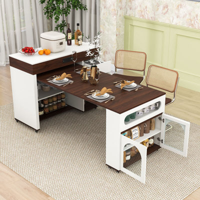 Rolling Kitchen Island with Fold-Out Dining Table, Storage Cabinet and Built-In Power Outlet