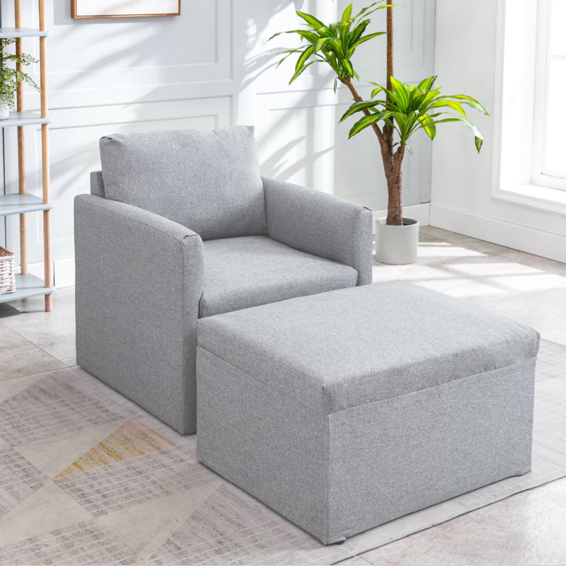 Upholstered Linen Club Chair With Footstool, Light Grey