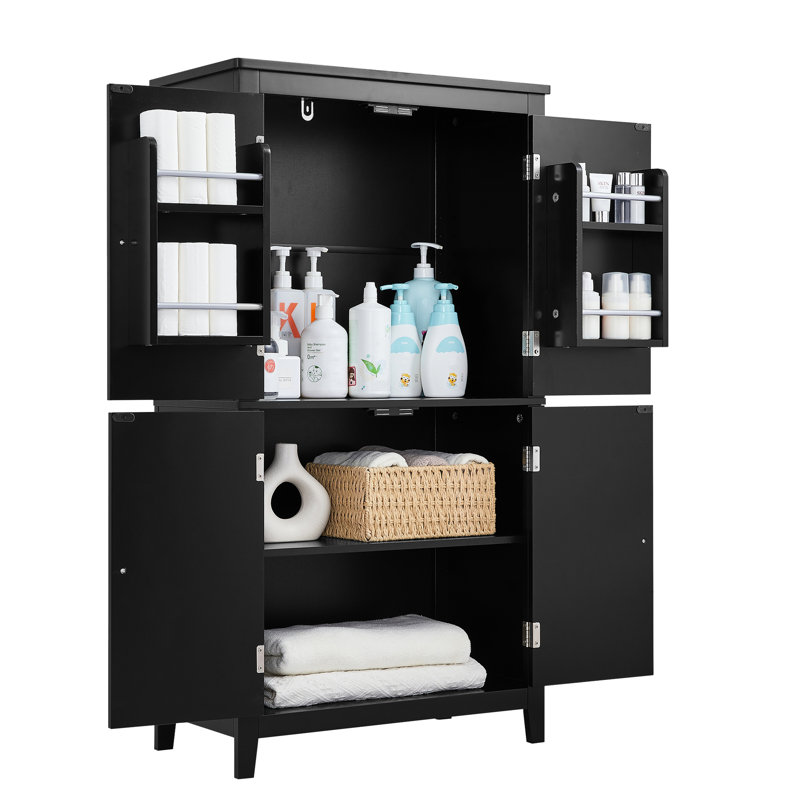 Black Bathroom Unit - 4 Doors Adjustable Shelf For Space Saving 4-Door Cabinet In Organization, Black