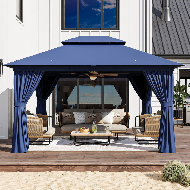 12 Ft. W x 10 Ft. D Outdoor Gazebo With Double Roof, Spacious Canopy With Netting & Curtains, For Patio, Lawn & Backyard