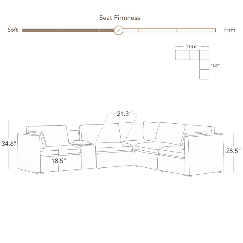 Winfree 5-Piece Upholstered Corner Sectional With Console, Linen Polyester