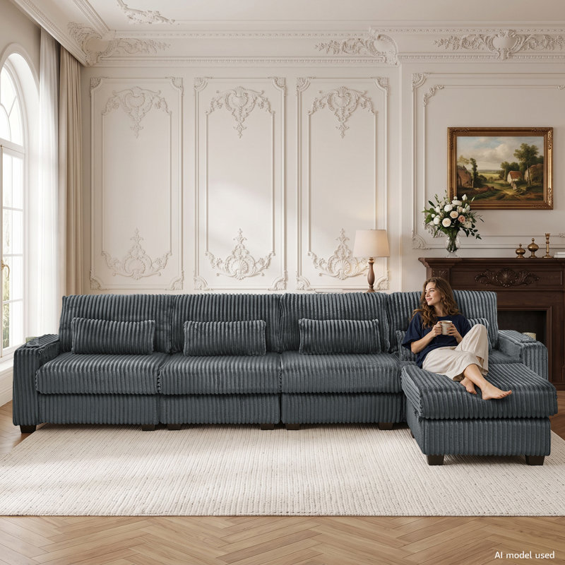 Canapé d'angle modulaire 124,5 po 5 pièces, canapé surdimensionné en velours côtelé avec pouf amovible, station de recharge, poches latérales et porte-gobelets