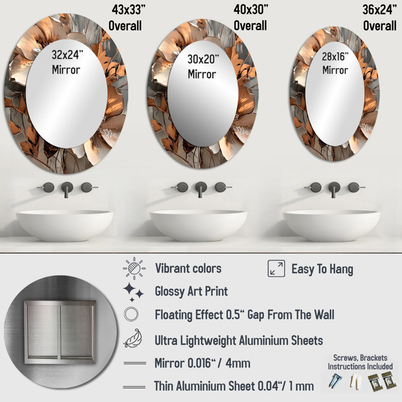 Metallic Copper And Chrome Abstract Flowers I - Modern Oval Wall Mirror, 36" x 24"