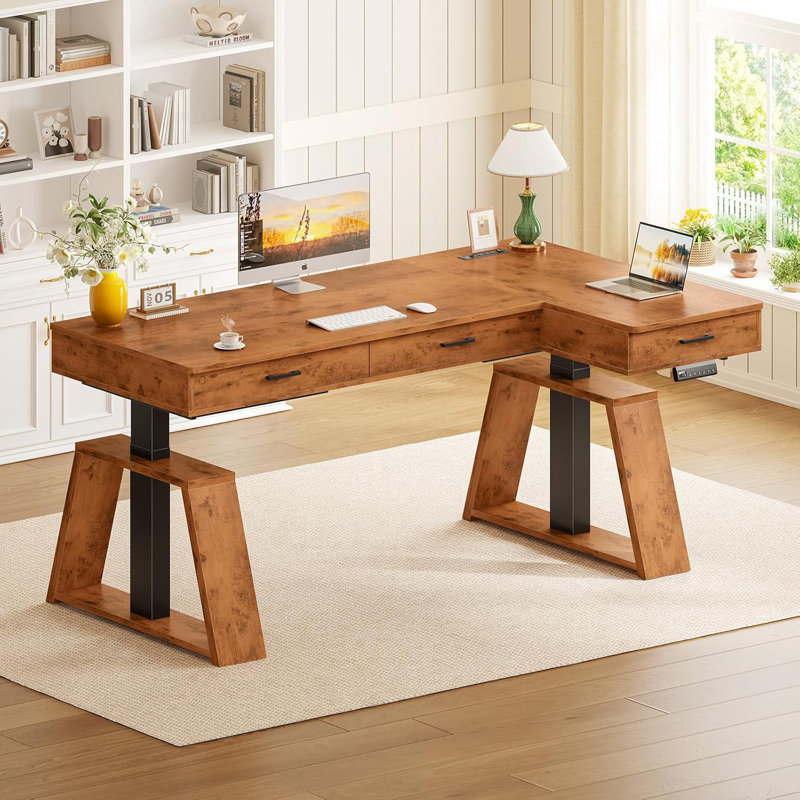 L-shaped Electric Standing Desk With Drawers, 59" Executive Adjustable Height Desk With Power Outlets, Sit Stand Computer Table For Home Office, Rustic Brown
