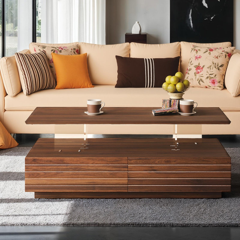 LED Lights Coffee Table with 2 Spacious Drawers,Multi-Colour Lighting, Walnut