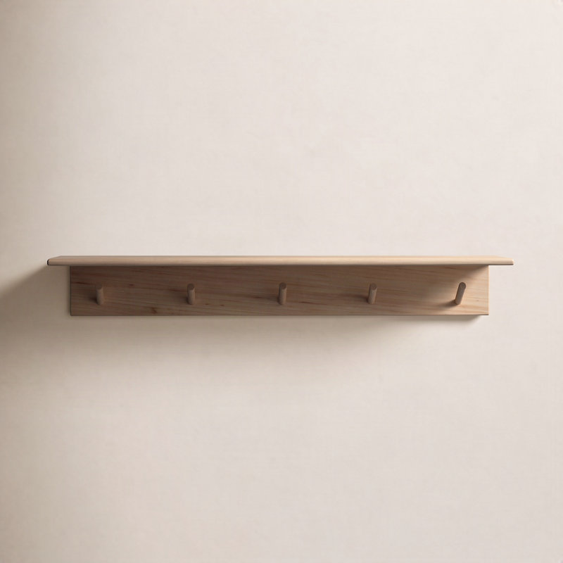 Shea Poplar Solid Wood Floating Shelf with Hooks, Natural